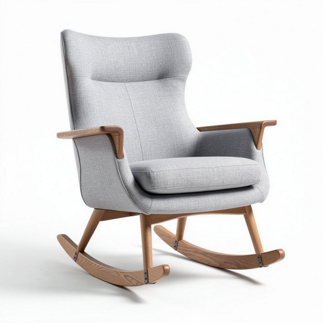 Rocking chair with wooden base in light gray fabric 85 x 70 x 90cm