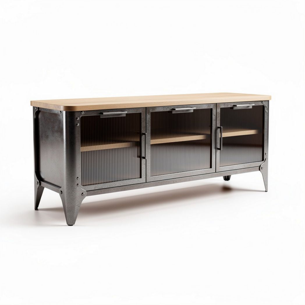 Industrial style media console with wood top and metal frame 150 x 40 x 60cm