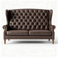 Brown leather tufted loveseat with wooden legs 200 x 90 x 100cm