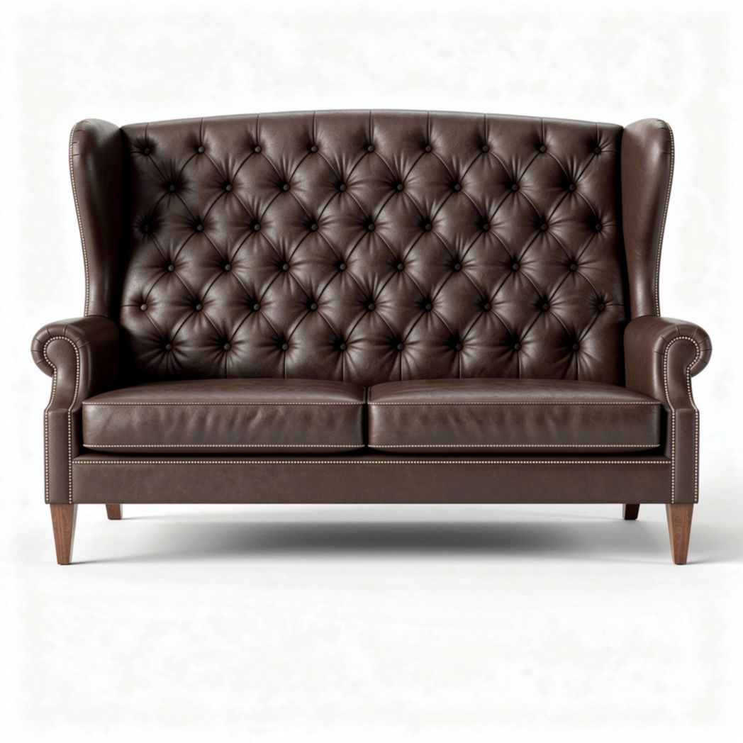 Brown leather tufted loveseat with wooden legs 200 x 90 x 100cm