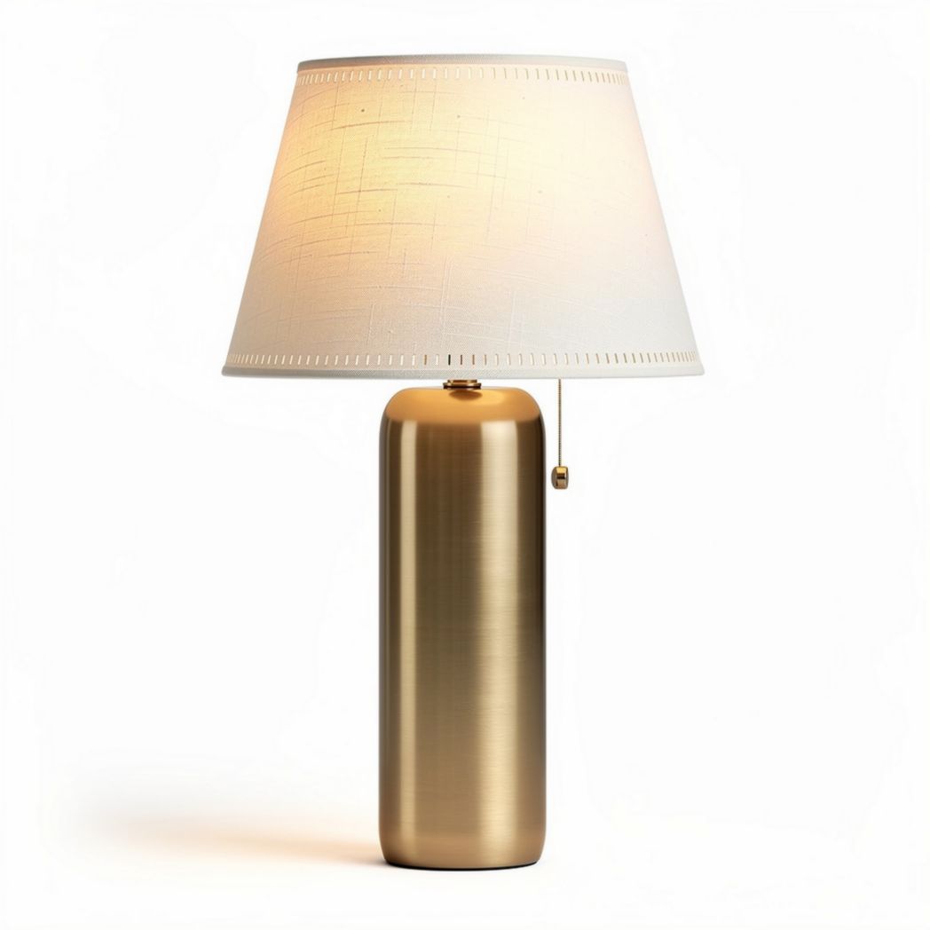 Brushed metal table lamp with fabric shade for living room and bedroom use