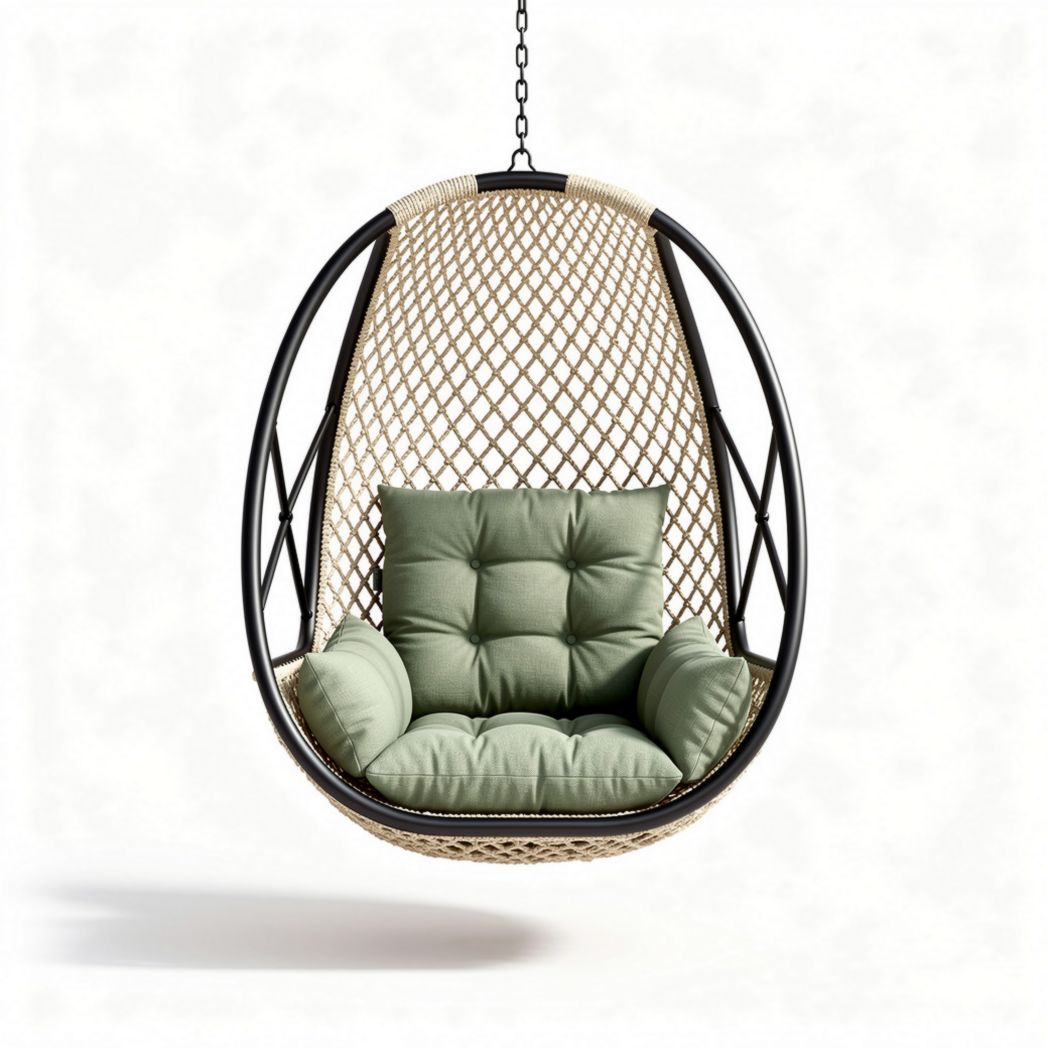 Hanging rattan chair with green cushion for indoor and outdoor use