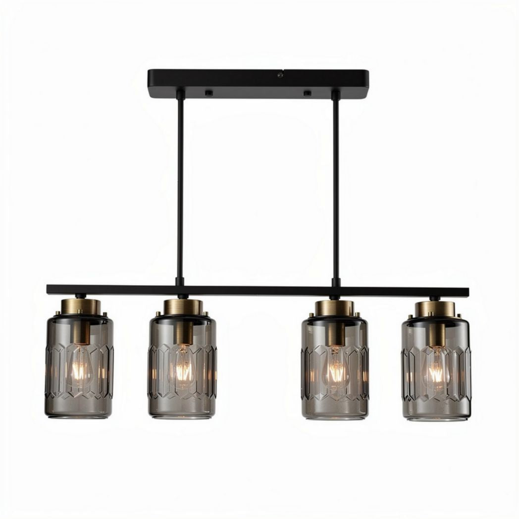 Four-light industrial pendant ceiling light fixture with glass shades 60 x 15 x 25cm