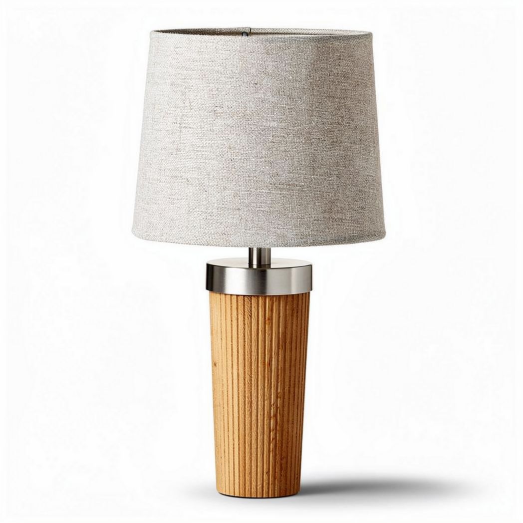 Wooden table lamp with linen shade and stainless steel base 20 x 20 x 40cm