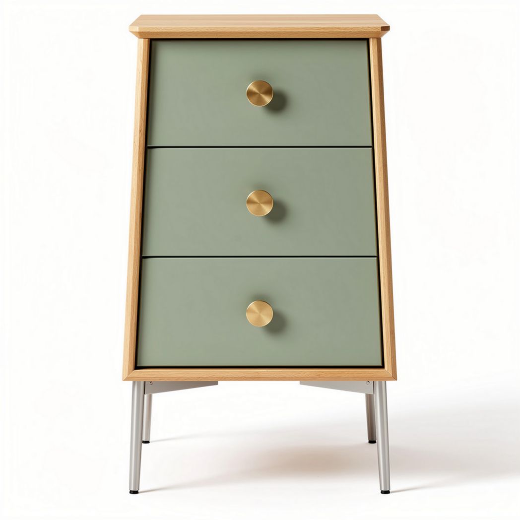 Wooden nightstand with three drawers in green finish and metal legs 40 x 30 x 70cm