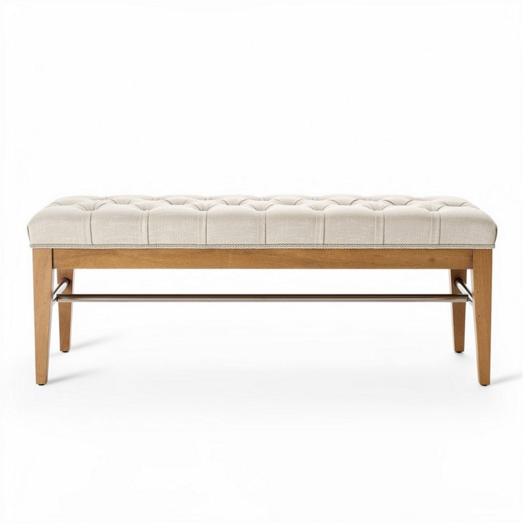 Tufted upholstered bench with wooden legs in cream 90 x 40 x 45cm