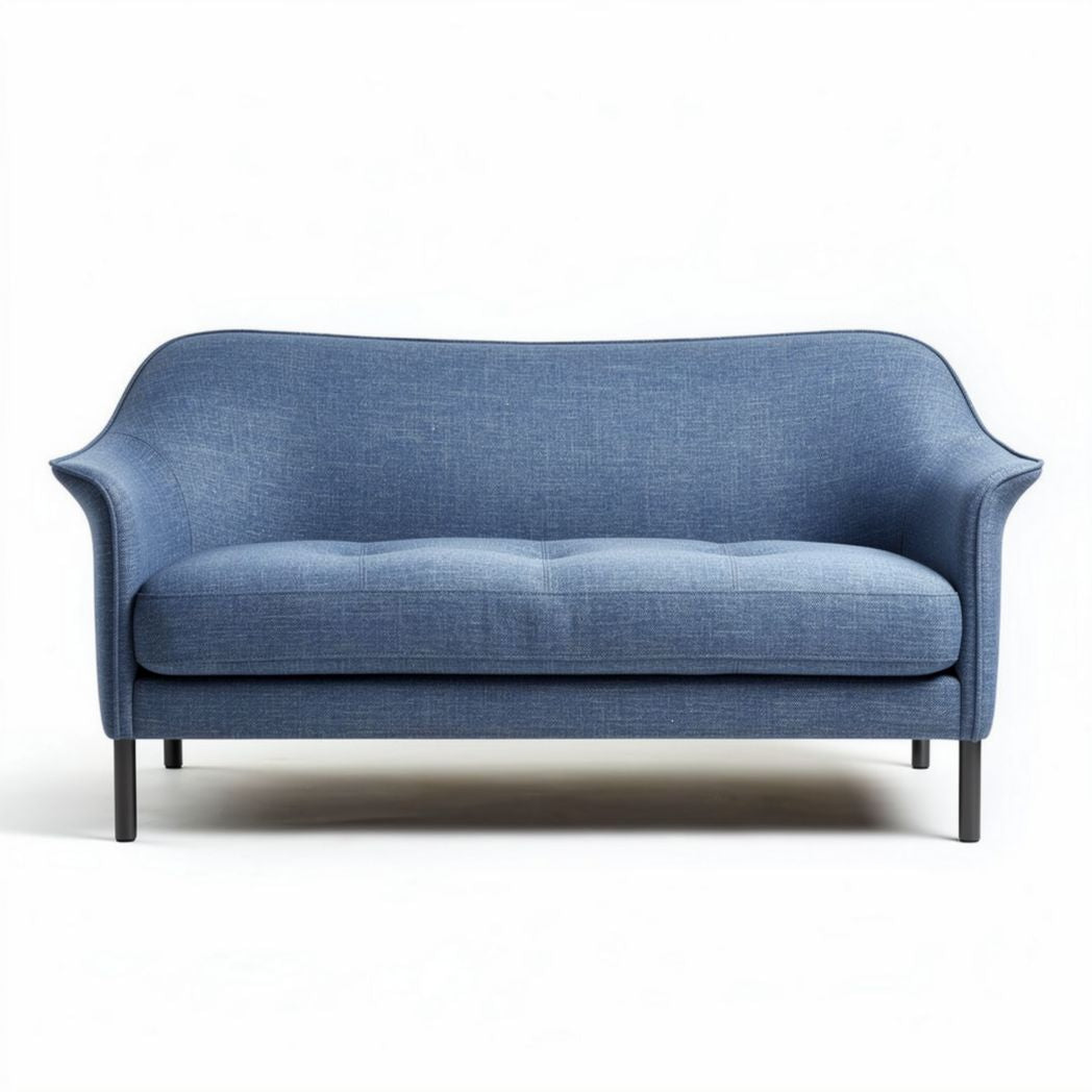 Blue fabric two-seater sofa with curved arms and metal legs 180 x 80 x 70cm