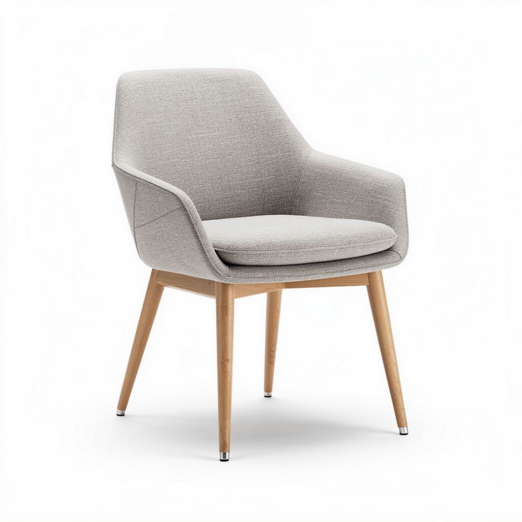Fabric upholstered accent chair with wooden legs in light grey color